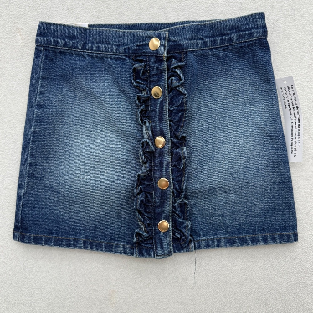 Tommy Bahama Denim Skirt Kids Girls Size 5/6 Blue Ruffle Front Gold Button Mini